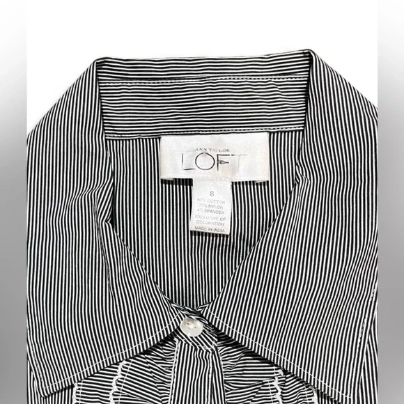 LOFT Black and White Striped Button-Up Shirt Classic Preppy - Picture 3 of 7